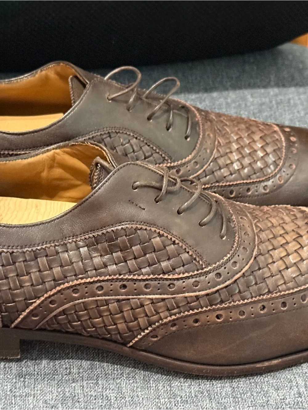 Salvatore Ferragamo “Baldo” Woven Wingtip Oxfords Brown Leather Sz 11.5 D Italy